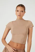 Women's Cropped Mock Neck T-Shirt in Taupe Small