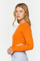 Women's Ribbed V-Hem Long-Sleeve Crop Top in Neon Orange Small