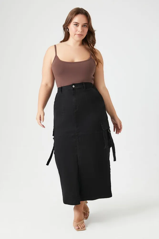 Women's Twill Maxi Cargo Skirt in Black, 1X