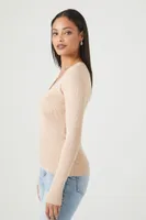 Women's Ribbed V-Neck Sweater in Cream, XL