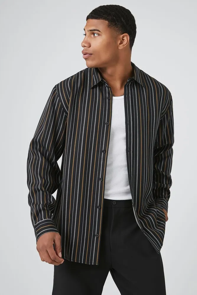 Men Striped Lyocell Shirt Black