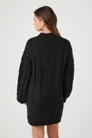 Women's Cable Knit Sweater Mini Dress in Black, XL