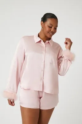 Women's Satin Shirt & Shorts Pajama Set in Gossamer Pink, 1X