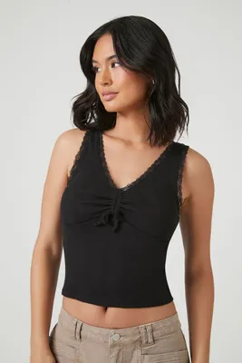 Women's Pointelle Knit Cropped Tank Top in Black Large