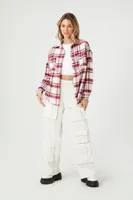 Women's Plaid Flannel Curved-Hem Shirt in Cream Large