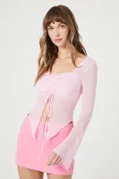 Women's Sheer Mesh Split-Front Top in Pink Large