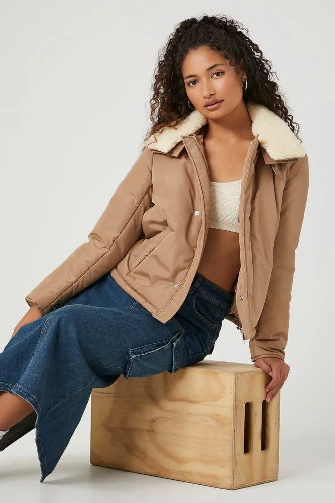 Women's Faux Fur-Trim Jacket in Khaki/Tan Large