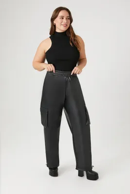 Women's Faux Leather Cargo Pants in Black, 0X