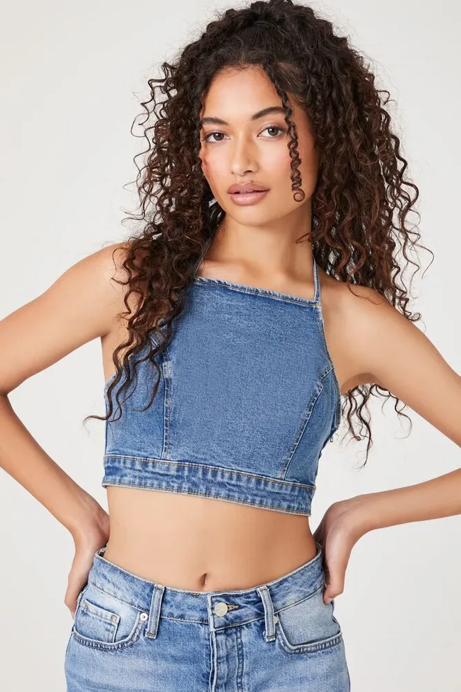 Women's Denim Halter Crop Top in Medium Denim Small