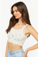 Women's Floral Beaded Cropped Tank Top in Ivory Large