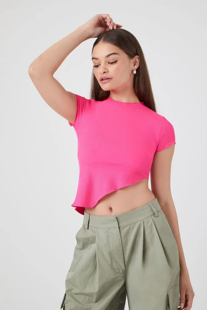 Women's Ribbed Asymmetrical Crop Top in Hot Pink, XL