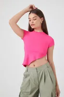 Women's Ribbed Asymmetrical Crop Top in Hot Pink Small