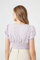 Women's Tulip-Sleeve Lace-Trim Crop Top Purple