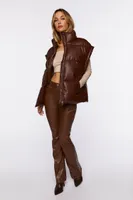 Women's Faux Leather Zip-Up Puffer Vest in Brown Medium