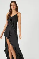 Women's Satin Ruffle High-Low Dress in Black Small