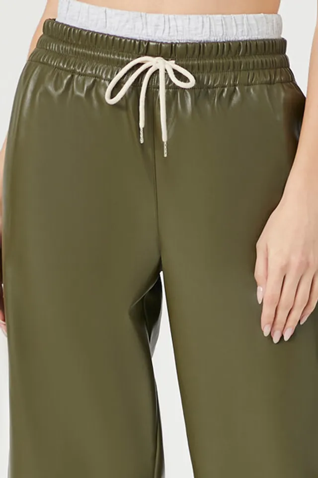 Forever 21 Women's Faux Leather Drawstring Pants in Olive Medium