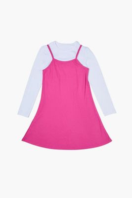 Girls Long-Sleeve Combo Dress (Kids) in Pink/White, 11/12