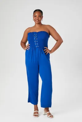 Women's Smocked Lace-Up Jumpsuit in Royal, 1X
