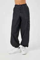 Women's Drawstring Poplin Cargo Joggers in Black Medium