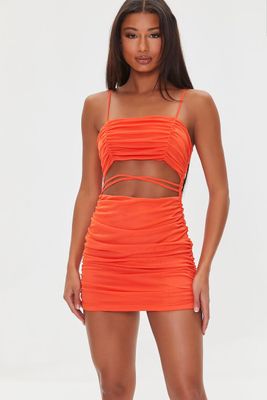 Women's Ruched Mesh Bodycon Mini Dress in Fiesta Medium
