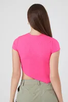 Women's Ribbed Asymmetrical Crop Top in Hot Pink, XL