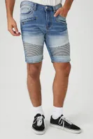 Men Stone Wash Denim Moto Shorts Medium Denim,