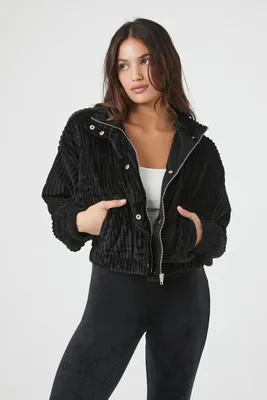 Women's Ribbed Cropped Bomber Jacket