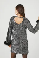 Women's Sequin Feather-Trim Mini Dress in Black/Silver Small