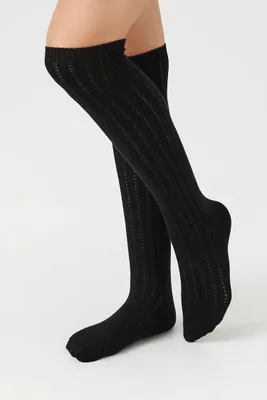 Pointelle Knit Knee-High Socks in Black