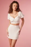 Women's Linen-Blend Crop Top & Mini Skirt Set in White Large