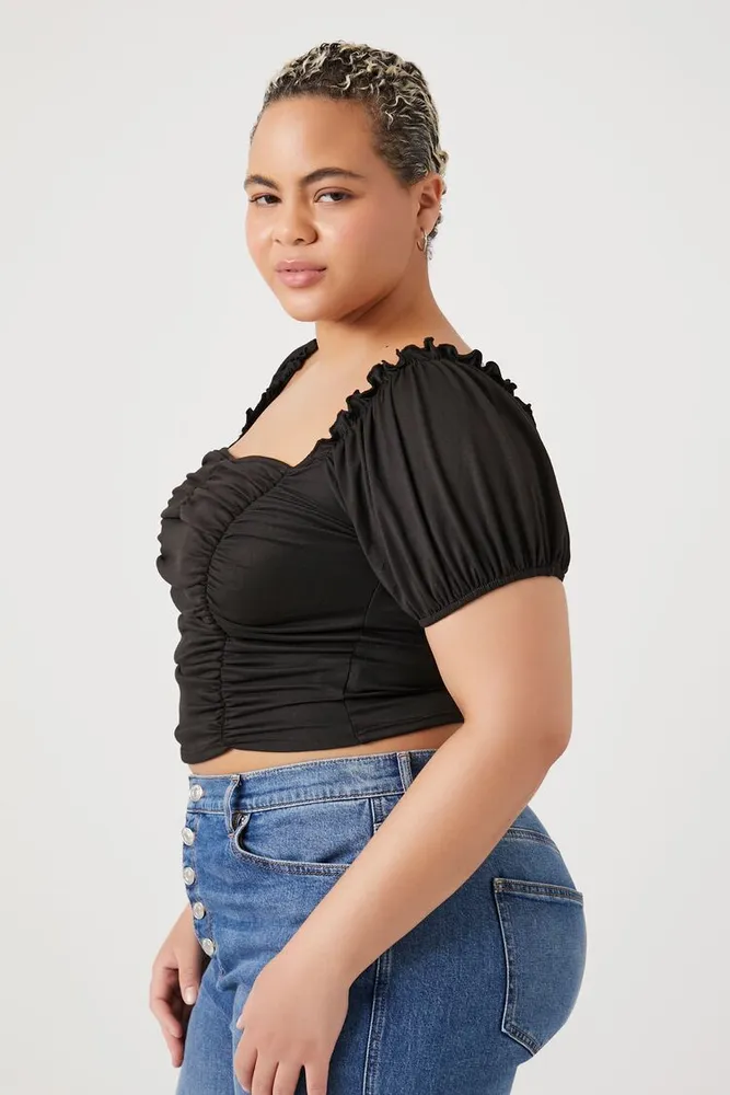 Women's Ruched Puff-Sleeve Crop Top