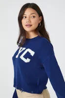 Women's Distressed NYC Graphic Sweater in Blue Medium