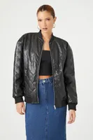 Women's Faux Leather Quilted Bomber Jacket in Black Small