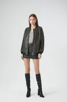 Women's Faux Leather Longline Bomber Jacket in Charcoal Medium