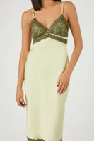 Women's Satin Lace-Trim Midi Dress in Cypress /Pistachio Medium