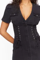 Women's Lace-Up Denim Mini Dress in Black, XS