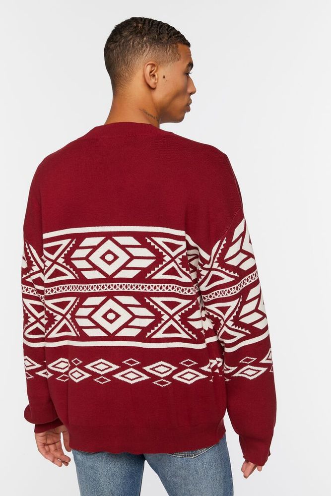 Men Geo Print Cardigan Sweater in Burgundy/Cream Large