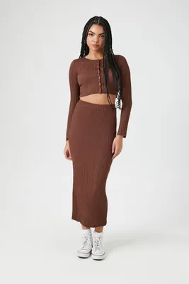 Women's Rib-Knit Long-Sleeve Top & Skirt Set in Chocolate Small
