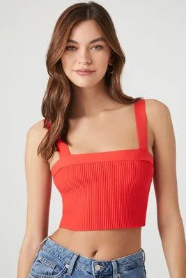 Women's Ribbed Sweater-Knit Crop Top in Fiery Red Small