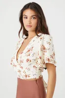 Women's Cropped Floral Print Wrap Top in Cream Small