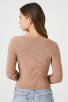 Women's Glitter Sweater-Knit Crop Top in Beige Large