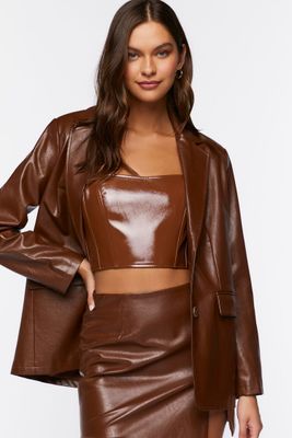 Women's Faux Patent Leather Tube Top in Brown Small