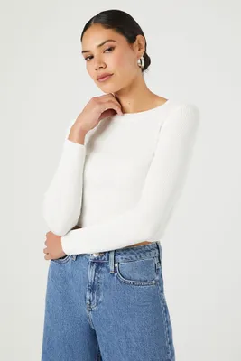 Women's Ribbed Knit Cropped Sweater in White, XL