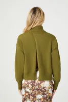 Women's Turtleneck Split-Hem Sweater in Green, XS