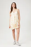 Women's Floral Print Tassel Mini Dress in Ivory, XL