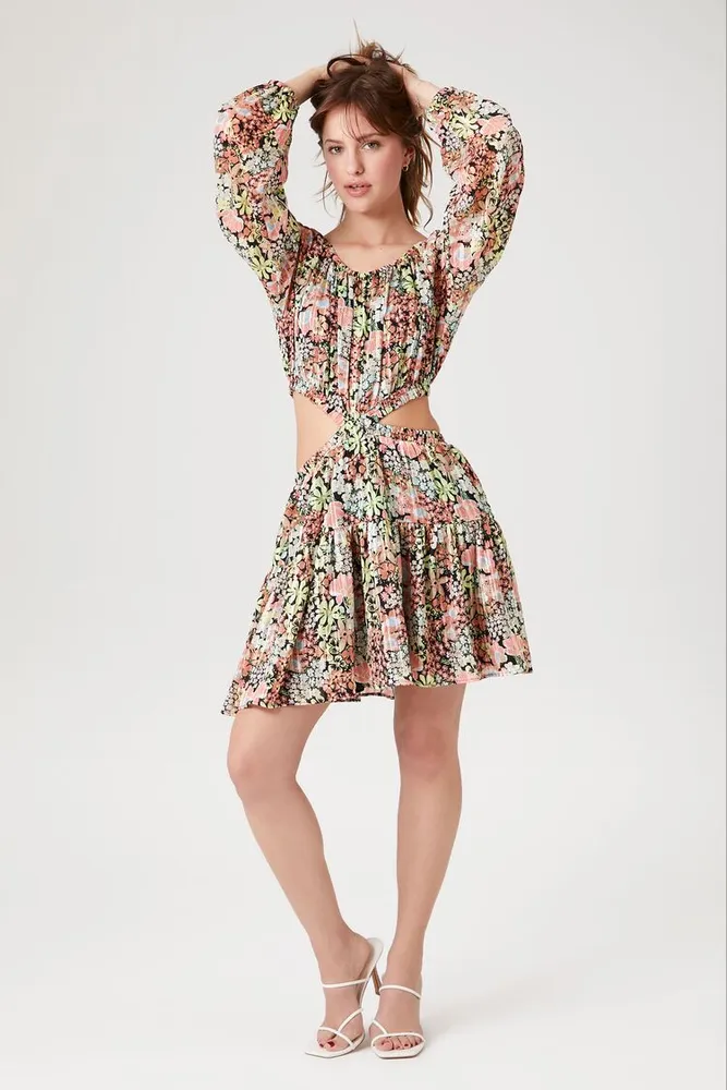 Women's Cutout Floral Print Mini Dress in Pink, XS