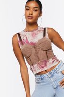 Women's Sheer Mesh Corset Crop Top in Dark Brown Small