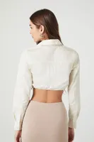 Women's Split-Neck Drawstring Crop Top Cream