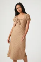 Women's Textured Puff-Sleeve Midi Dress in Taupe Large