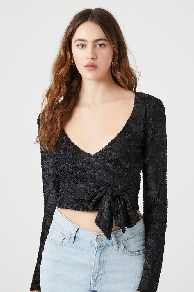 Women's Velvet Wrap Crop Top Black